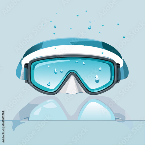 Cartoon illustration of a diving mask with water droplets, reflecting on surface.