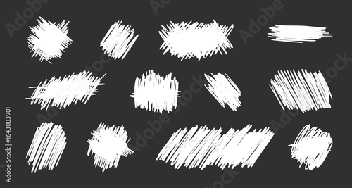 Scratch card lottery textures with white brushstroke patterns for promotional materials design. Various shapes with rough edges and linear marks. Digital overlays for instant win tickets or coupons.