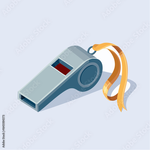 Isometric illustration of a silver whistle with a yellow lanyard, casting a shadow on a light blue background.