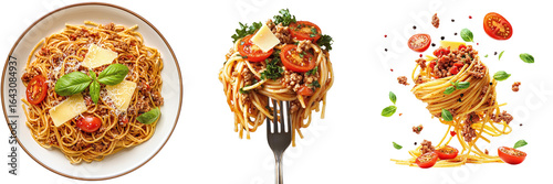 Obraz  z motywem Set of delicious restaurant pasta with tomato, cheese, meat and basil isolated on transparent background PNG