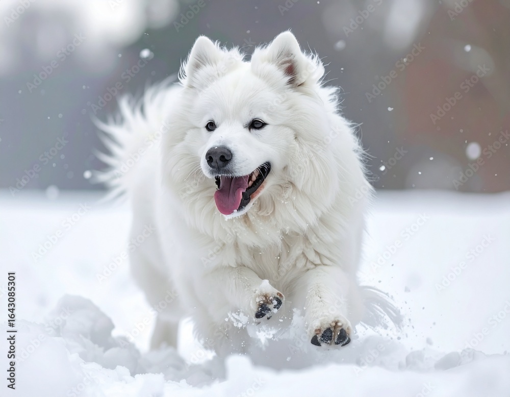 Fluffy white dog playing in snow, joyful expression, ultra realistic, 8K Fluffy white dog playing in snow, joyful expression, ultra realistic, 8K