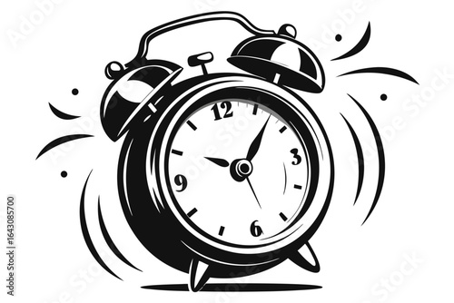 Black outline classic ringing alarm clock shows the time on a white background