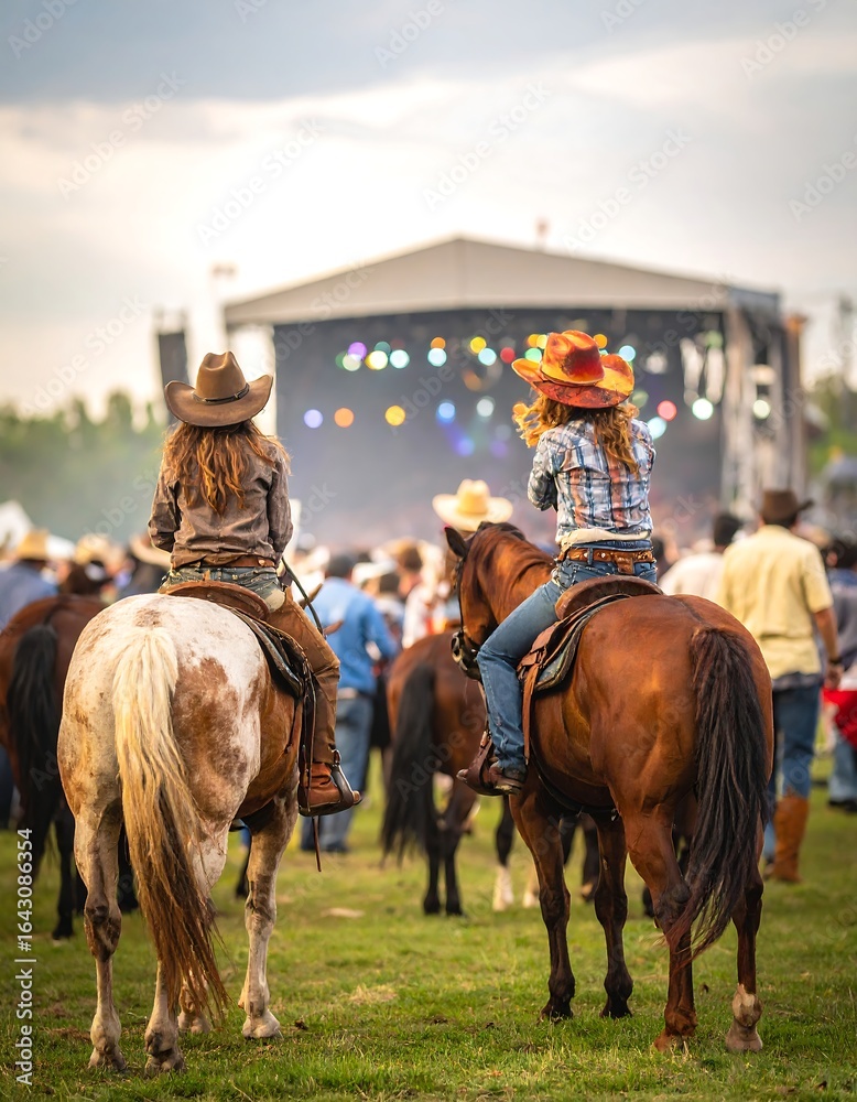 Two women on horseback at a concert Two women on horseback at a concert