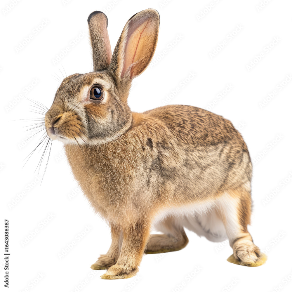 Obraz premium A cute brown rabbit with long ears and whiskers, standing on a transparent background. background removed