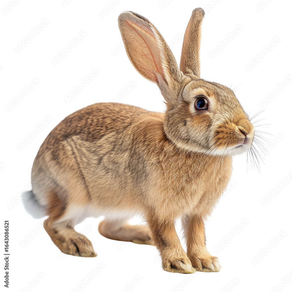 Fototapeta premium A cute brown rabbit with long ears, standing on a transparent background. background removed