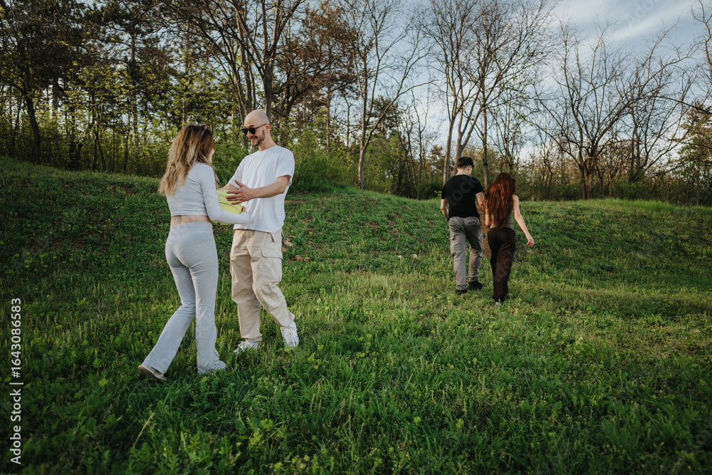 Obraz premium A group of friends sharing a moment outdoors, bonding and enjoying the fresh air and picturesque surroundings in a park during spring.