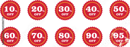 Collection of red discount labels with various percentages, perfect for promoting a sale and special offers.