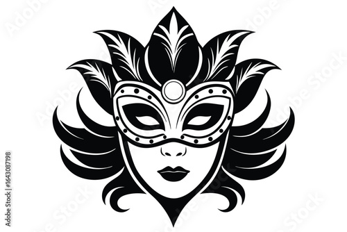 Black silhouette reveals a mysterious face adorned with an ornate feathered masquerade mask