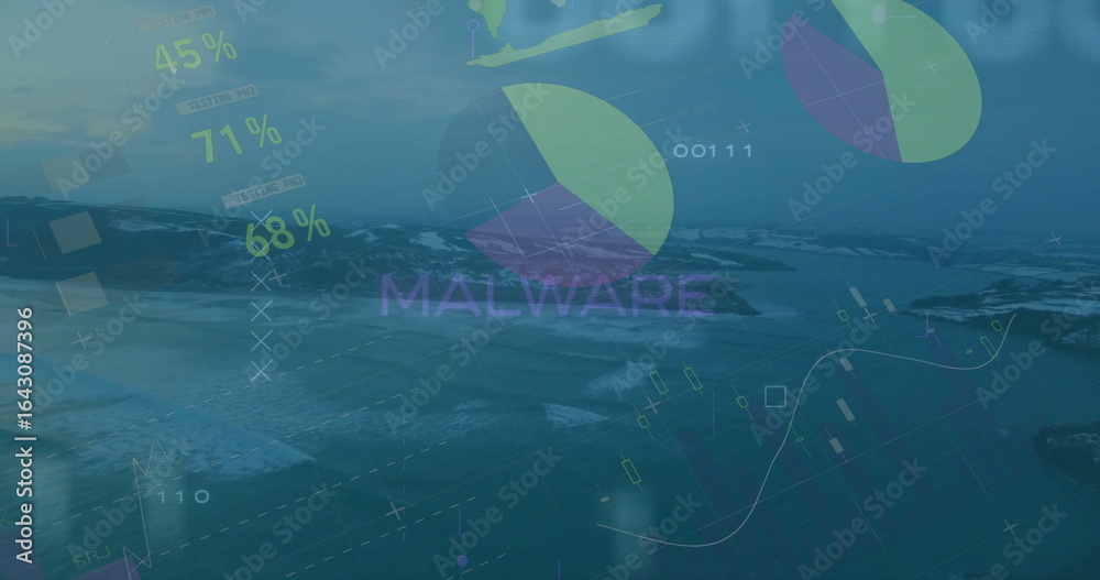 Obraz premium Showing malware overlay merging with sea, with pie and line graphs percentages and binary code