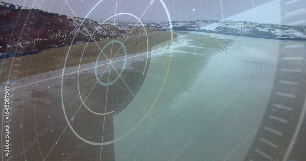 Naklejka premium Displaying glacial lake view through radar HUD, with rings, grid lines, indicator dots and icebergs