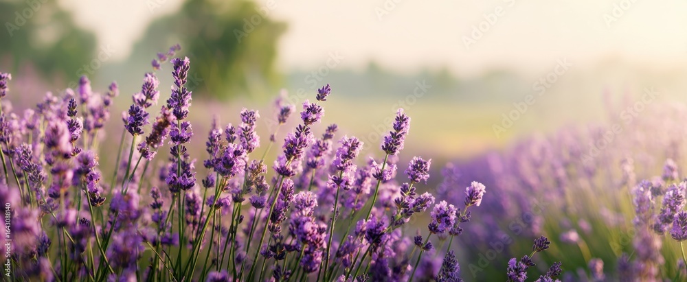 Naklejka premium The Lavender Fields Displaying Vibrant Colors in a Serene Landscape.