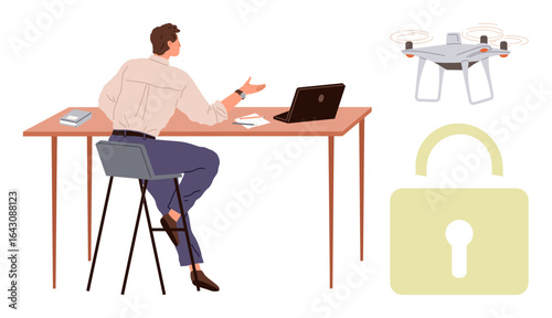 Man seated at a desk with a laptop, book, and tablet, engaging with a hovering drone. Large lock icon symbolizes cybersecurity. Ideal for innovation, remote work, technology, privacy safety AI
