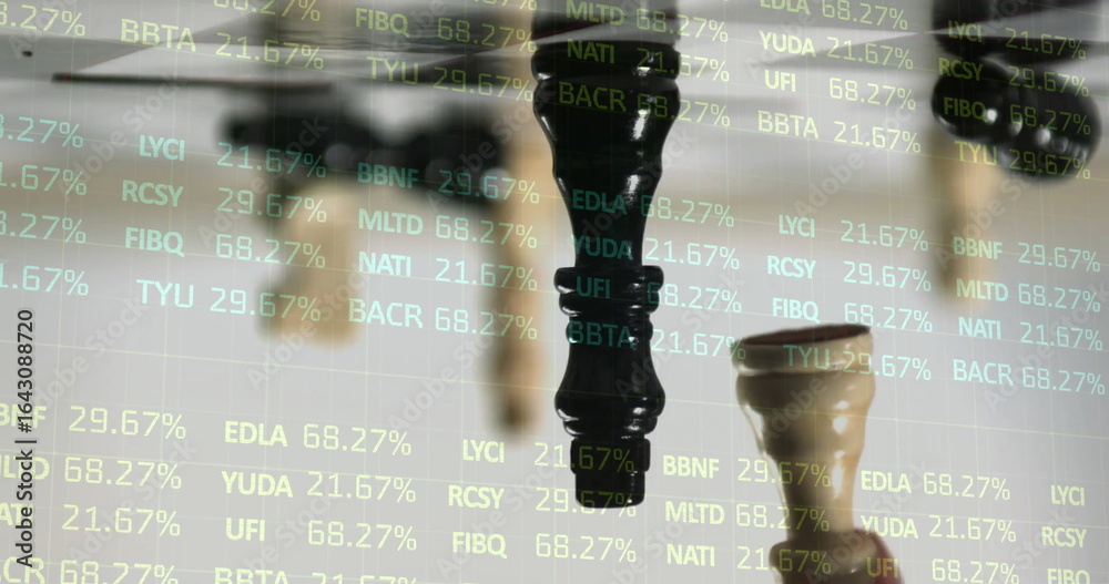 Fototapeta premium Displaying wooden queen chess piece alongside pawn on studio chessboard with stock ticker overlays