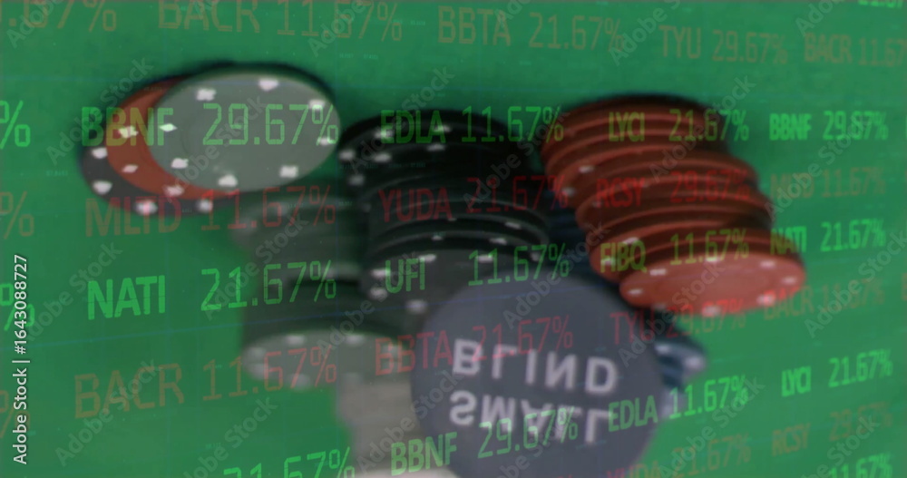 Obraz premium Showing red, black, gray poker chip stacks under clear stock ticker overlay on green felt table