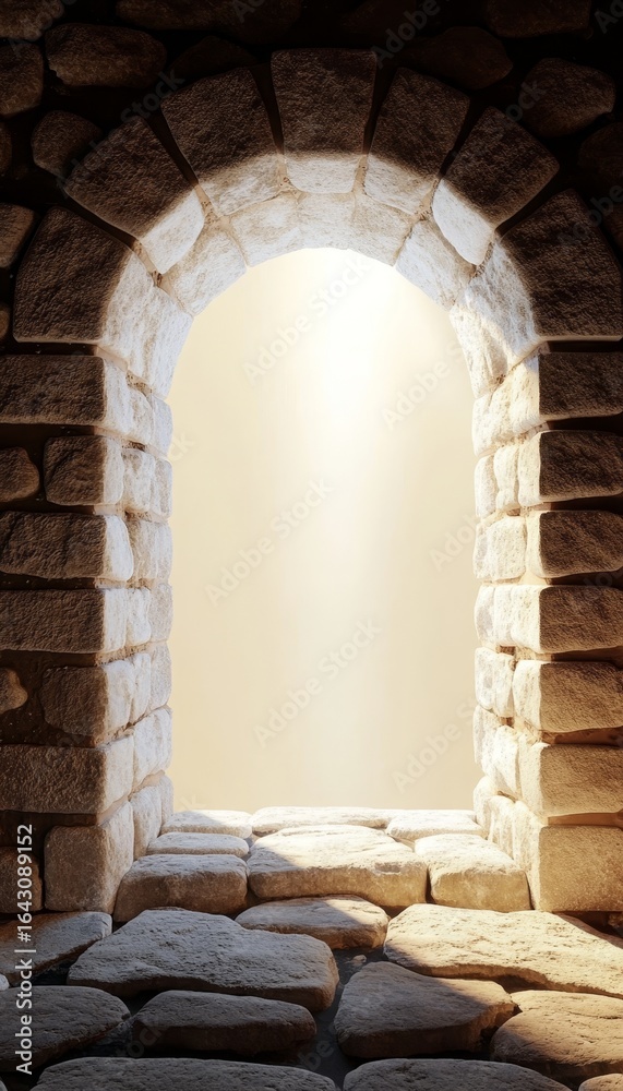 Fototapeta premium Dramatic Light Illuminates a Stone Archway Opening in a Dark Vault, Symbolizing Hope and Escape