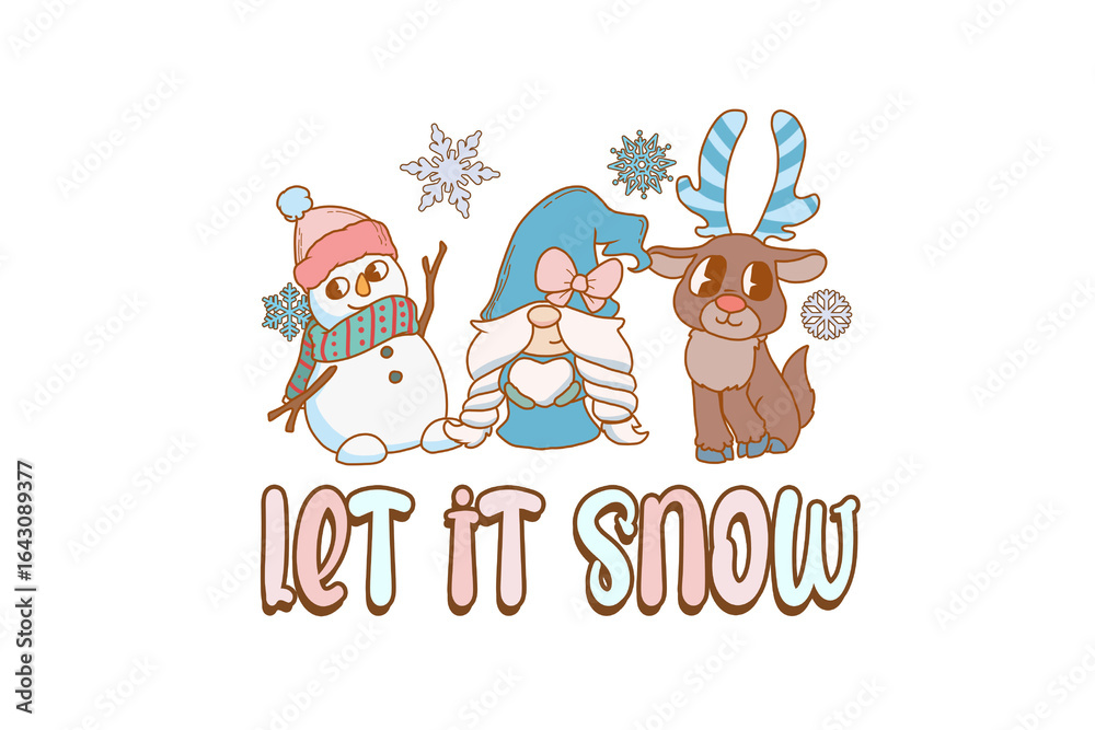Fototapeta premium Let It Snow with Bunny Friends and Snowman Illustration Sublimation T Shirt Design