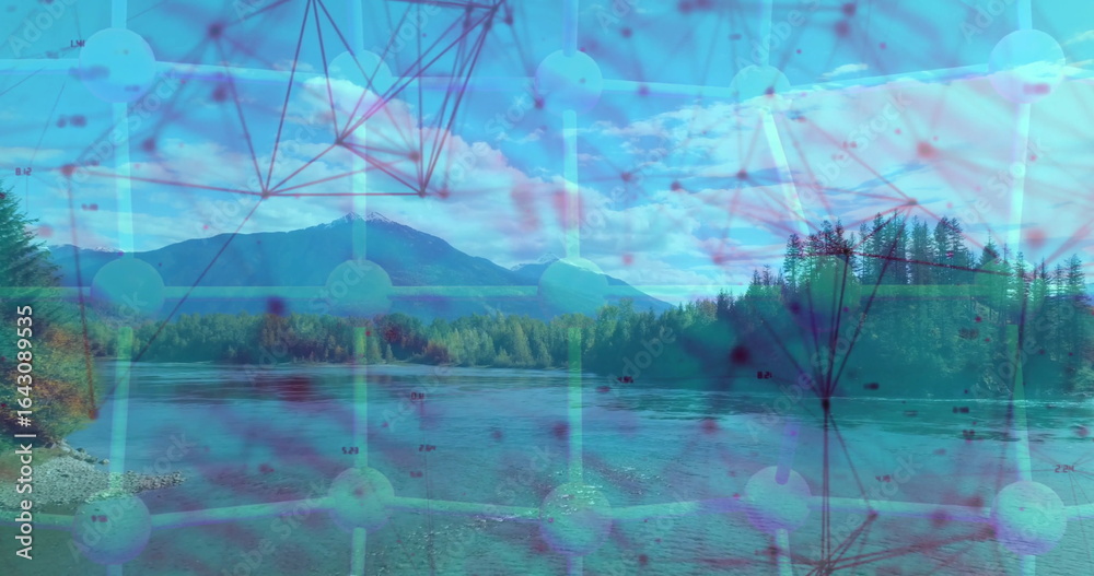Naklejka premium Superimposing molecular network graphic over mountain lake, with pebble shoreline and pine forest