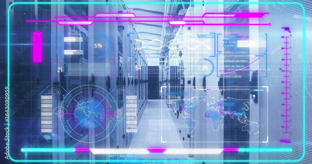 Obraz premium Showing central walkway hosting server cabinets and raised flooring at datacenter with HUD overlay