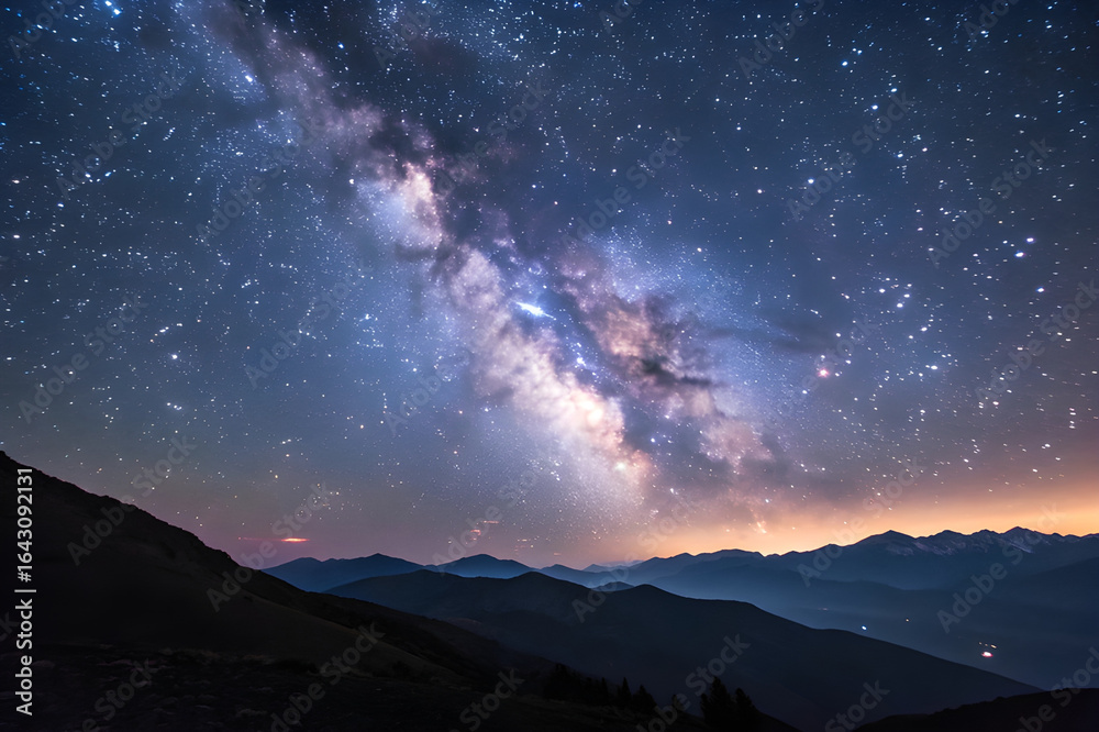 Naklejka premium Milky Way galaxy over mountain silhouette at night