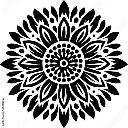 Sunflower Solid Black Vector Silhouette in Traditional Mexican Folk Art Style