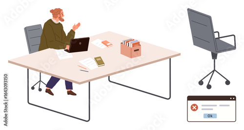 Man sitting at desk with laptop, files, and documents reacting to technical error notification popup. Ideal for technology, problem-solving, troubleshooting, productivity, business, office work