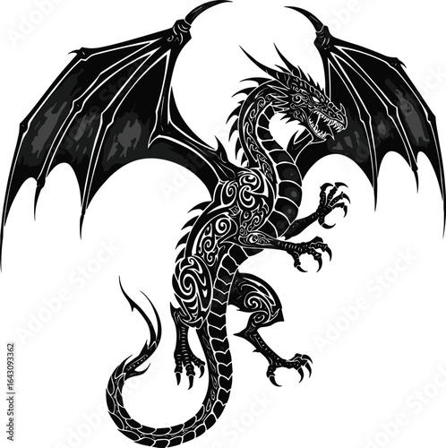 A powerful, fierce mythological dragon creature with ornate decorative patterns on its body, a detailed vector illustration perfect for fantasy and tattoo art.