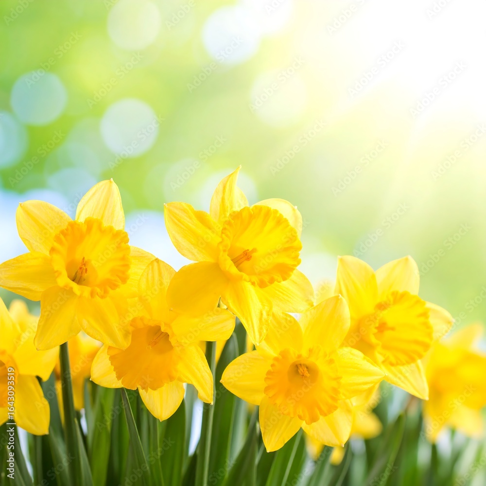 Naklejka premium Vibrant yellow daffodils in bright, blurred springtime background
