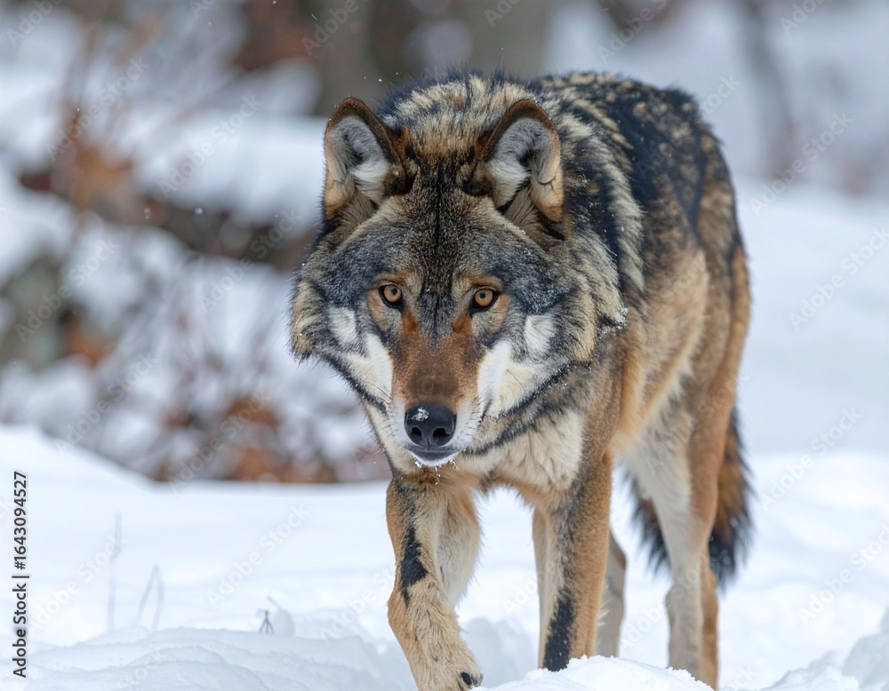 Obraz premium Wolf walking in snowy wilderness, piercing eyes, ultra realistic, 8K