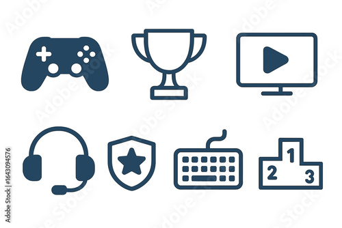 Various gaming icons showcasing equipment, competition, and streaming activities in digital entertainment culture