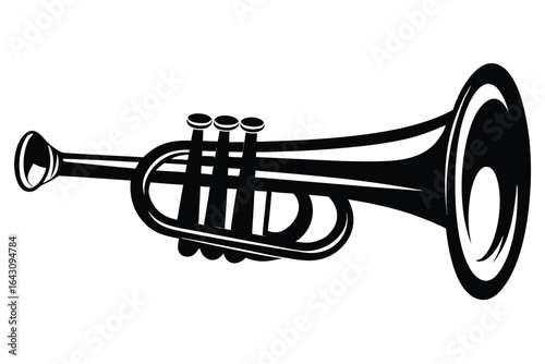Black silhouette shows vintage trumpet side view, presenting its details isolated on white