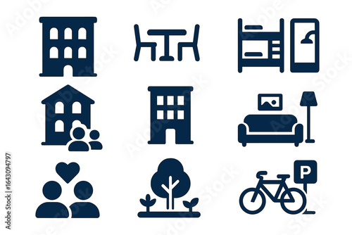 Modern living symbols representing housing, communal spaces, and outdoor activities in an urban environment