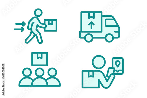 Delivery process including package handling, transport, customer interaction, and tracking details
