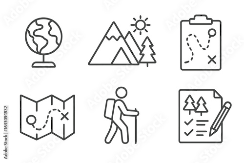 Outdoor adventure planning with maps, mountains, and hiking gear during a sunny day in nature