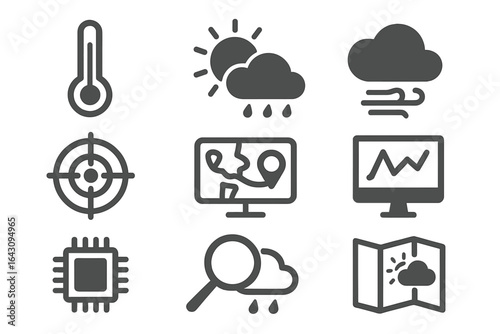 Weather symbols representing temperature, precipitation, and forecasting tools for different conditions