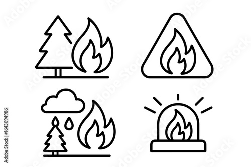 Fire safety symbols illustrating wildfires and emergency alerts in different formats for educational use