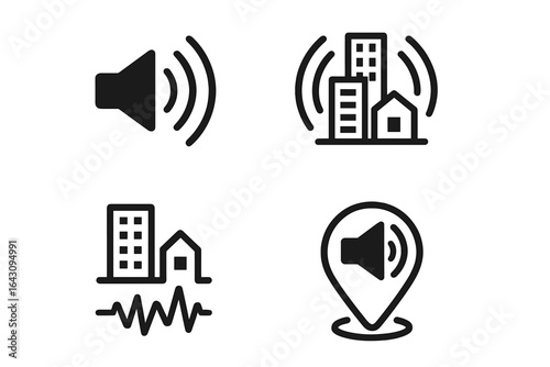 Urban soundscape icons illustrating sound waves, buildings, and location markers in a modern urban environment