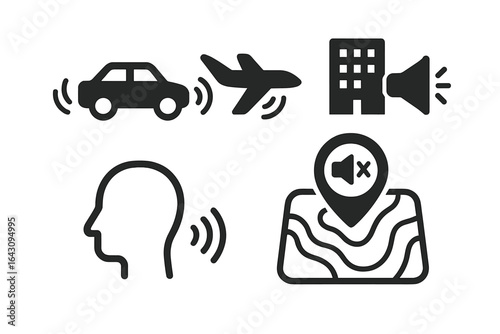 Symbols representing sound waves from various sources such as vehicles, buildings, and human interaction in modern environments