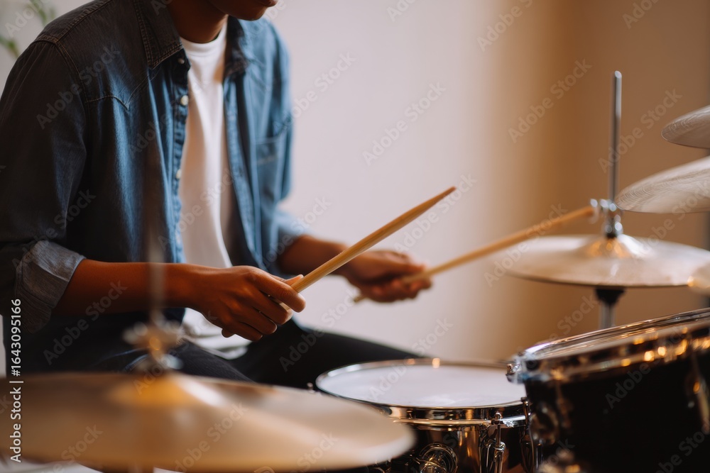 Naklejka premium A musician plays the drums, showcasing skill and passion in a warm, inviting setting.
