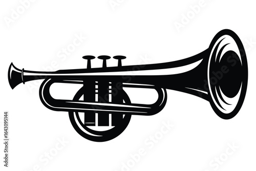 Black stylized trumpet art features elegance on a simple white background here