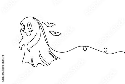 Continuous one line halloween ghost drawing in minimalist outline style isolated vector design
