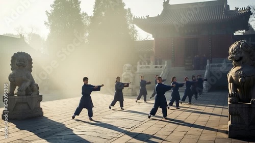 Young Martial Artists Practicing Tai Chi in Ancient Chinese Temple Courtyard