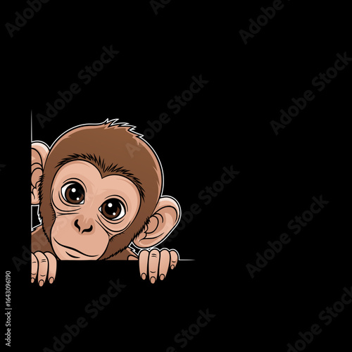 Adorable cartoon baby monkey with big brown eyes peeking curiously from the side.