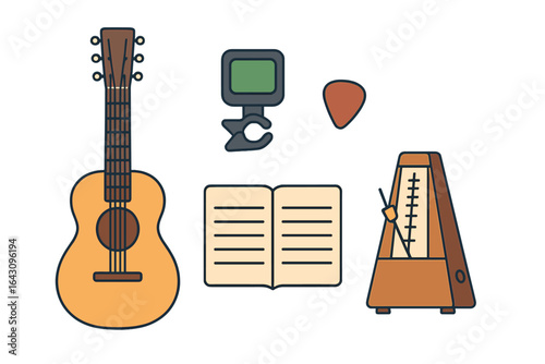 Guitar practice setup with metronome, tuner, and sheet music for effective learning