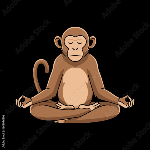 Calm brown cartoon monkey meditating in a serene lotus yoga pose with closed eyes.