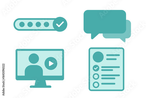 Online learning elements showcasing progress tracking, feedback, video lessons, and assessment tools in a user-friendly layout