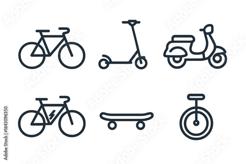 Different modes of urban transportation featuring bicycles, scooters, motorcycles, and skateboards in a minimalist design style