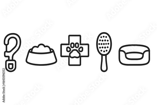 Essential items for pet care including food, grooming tools, and a vet symbol at home