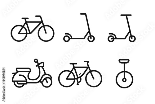 Various modes of two-wheeled transportation including bicycles, scooters, and mopeds displayed in a simple graphic style