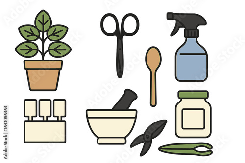 Gardening tools and supplies arranged on a clean background showcasing essential items for plant care and maintenance