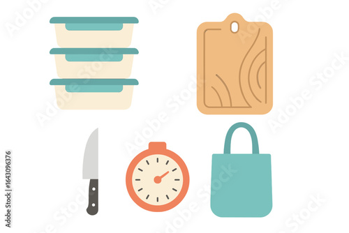 Kitchen tools and storage containers arranged on a clean countertop ready for meal preparation